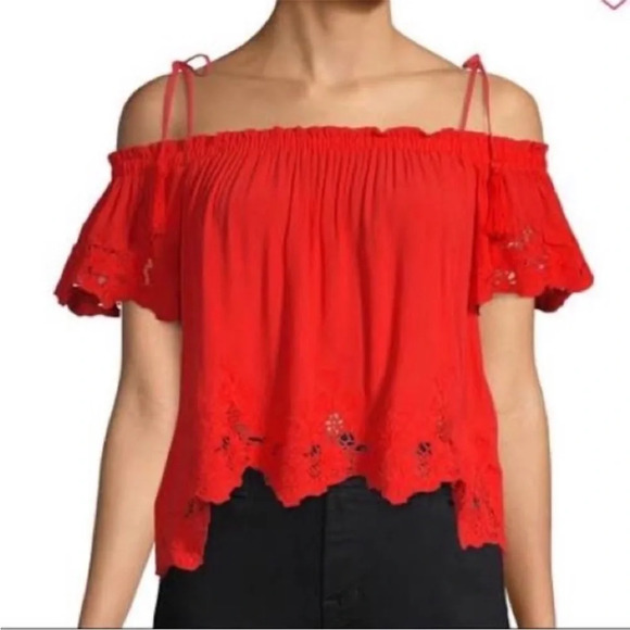 ASTR NWOT WOMEN’S EMBROIDERED LACE RED OFF SHOULDER TOP Ruffle SIZE Medium - Picture 1 of 10